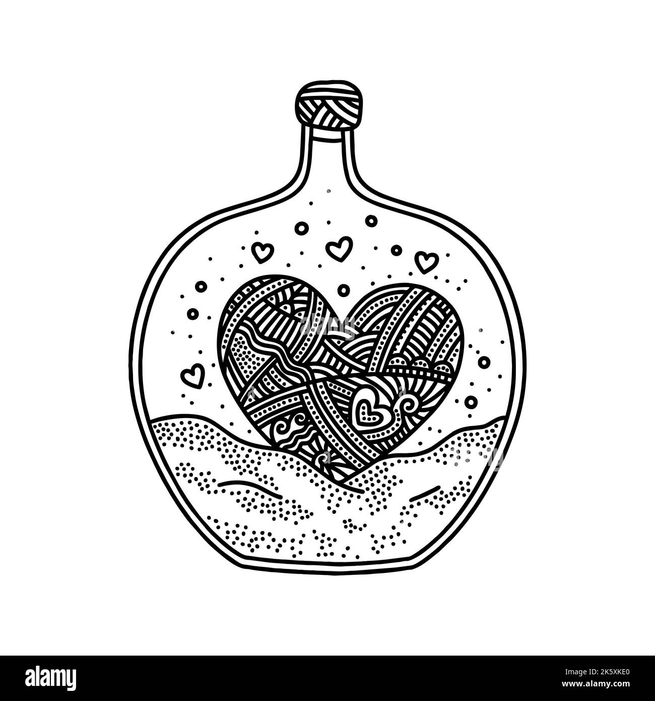 Darstellung im Doodle-Stil. Ein Herz in der Flasche, ein Designelement. Stock Vektor