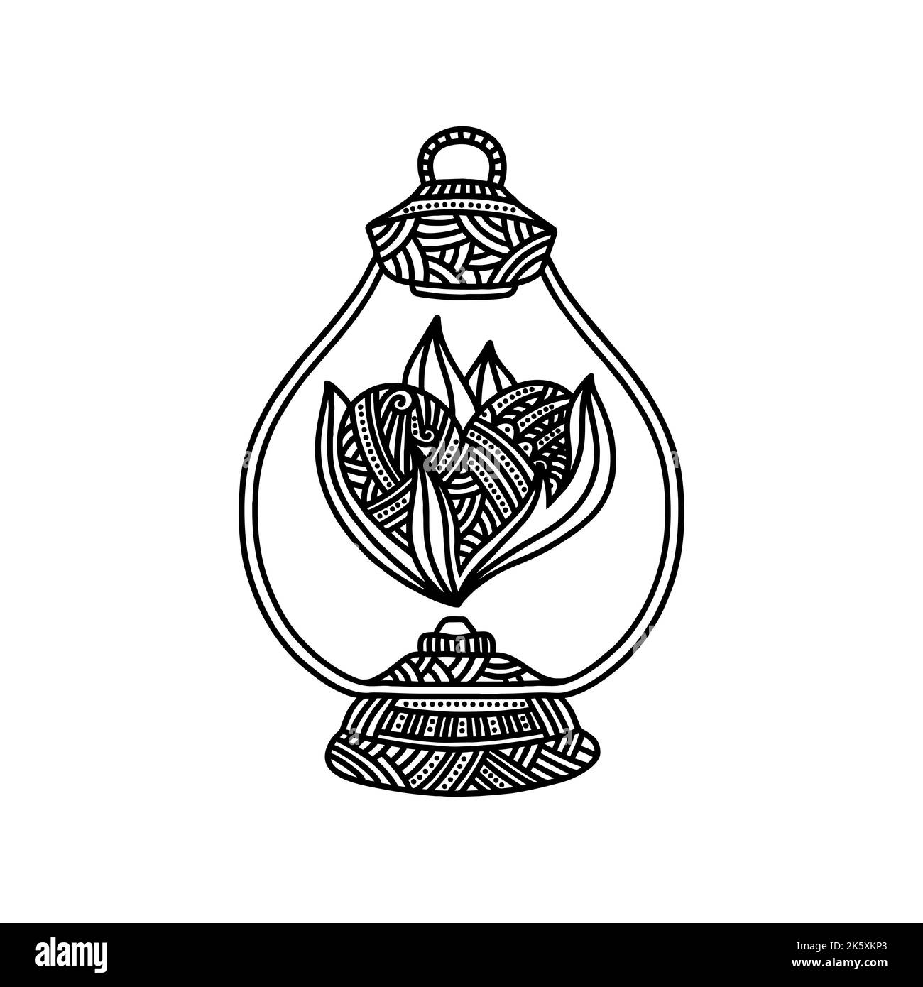 Darstellung im Doodle-Stil. Eine alte, alte Öllampe, brennendes Herz, Design-Element. Stock Vektor