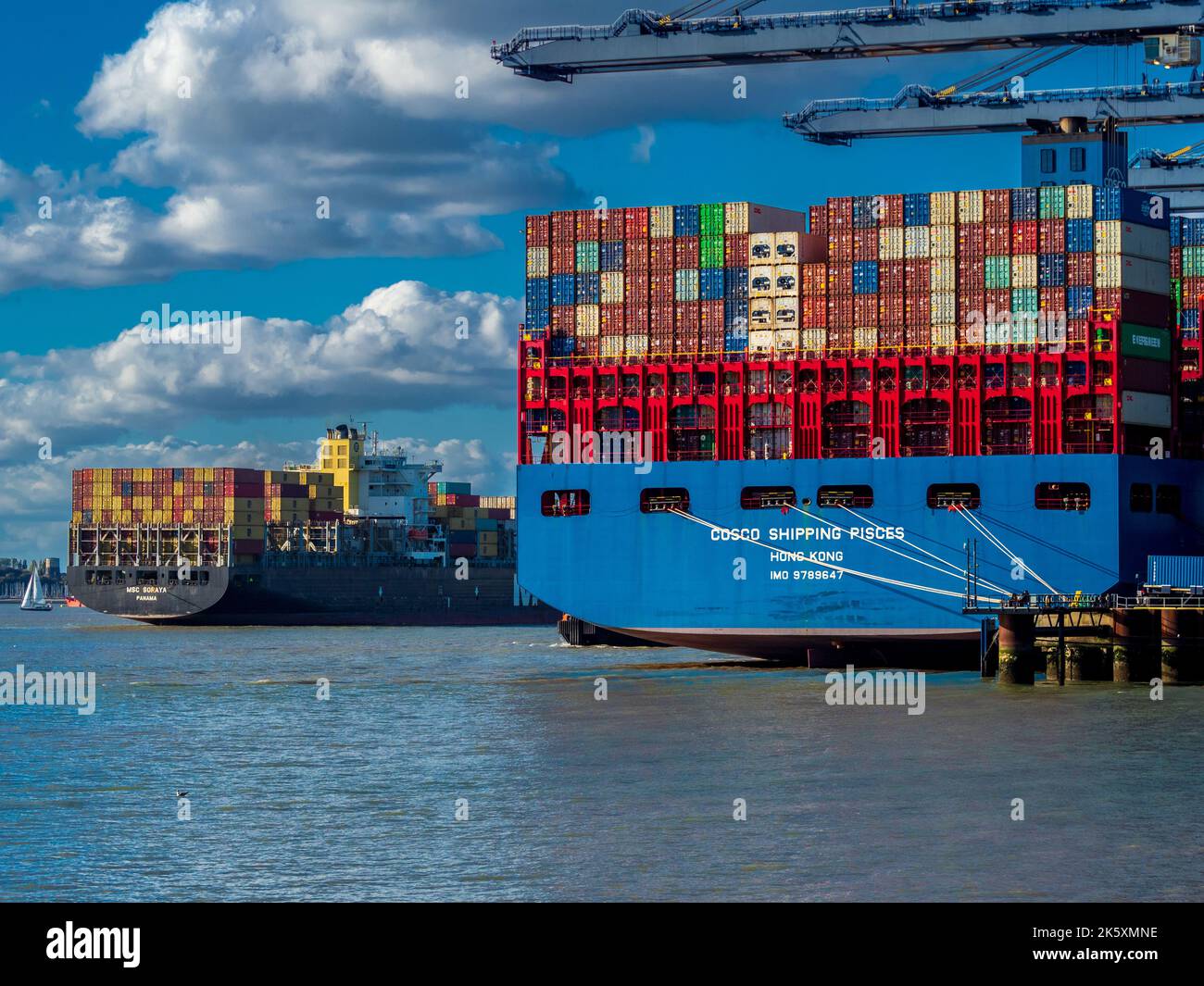British Trade - Containerschiffe, die im Hafen Felixstowe, dem größten Containerhafen Großbritanniens, ankommen und entladen. Stockfoto