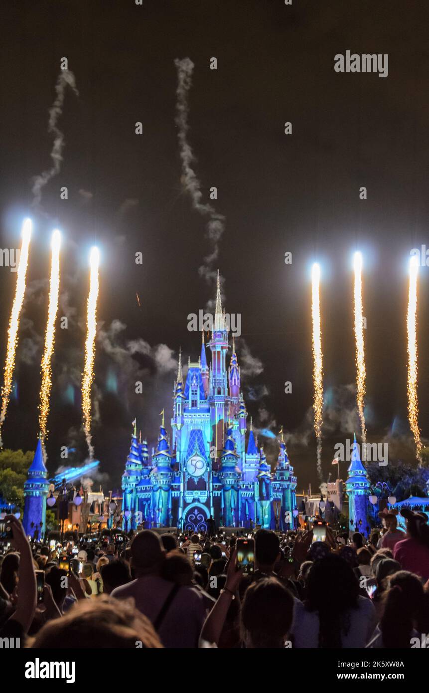 Das nächtliche Feuerwerk vor dem Disney Castle im Magic Kingdom in Disney World, Orlando, Florida Stockfoto