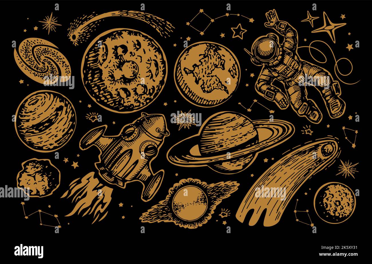 Raum futuristisches kreatives Design. Planeten und Raumschiff, Rakete, Sterne, Meteorit und Komet. Vektorgrafik Stock Vektor