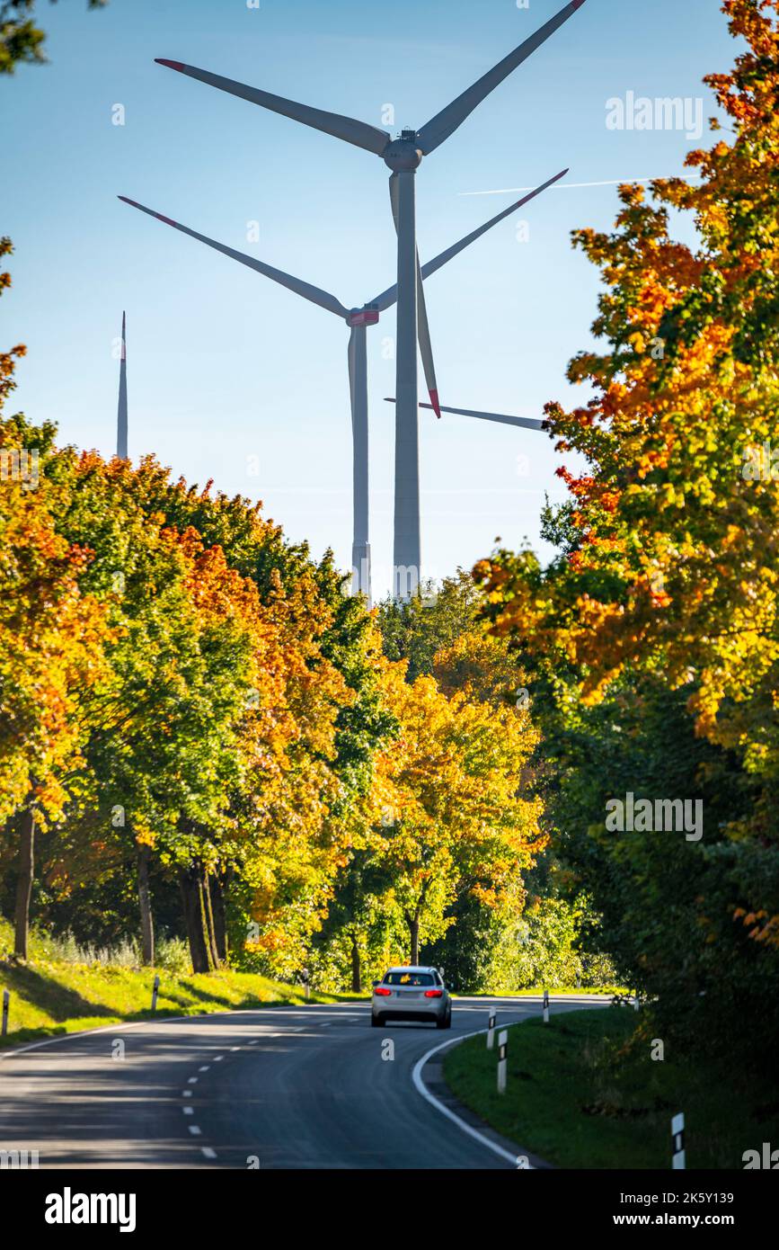 Landstraße, Windpark bei Bad Wünneberg, Ostwestfalen-Lippe, NRW, Deutschland, Stockfoto