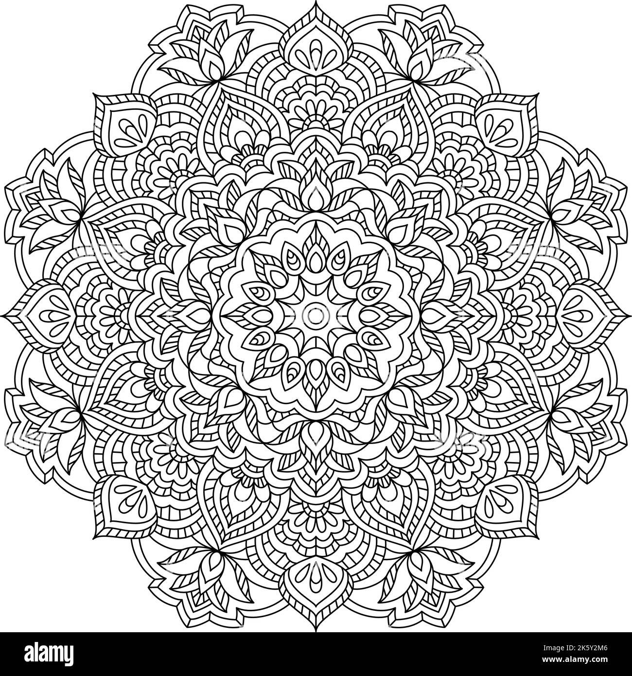 Detaillierte komplizierte ethnische indische Mehndi Henna Tattoo Runde Mandala für Entspannung Malvorlagen. Stock Vektor