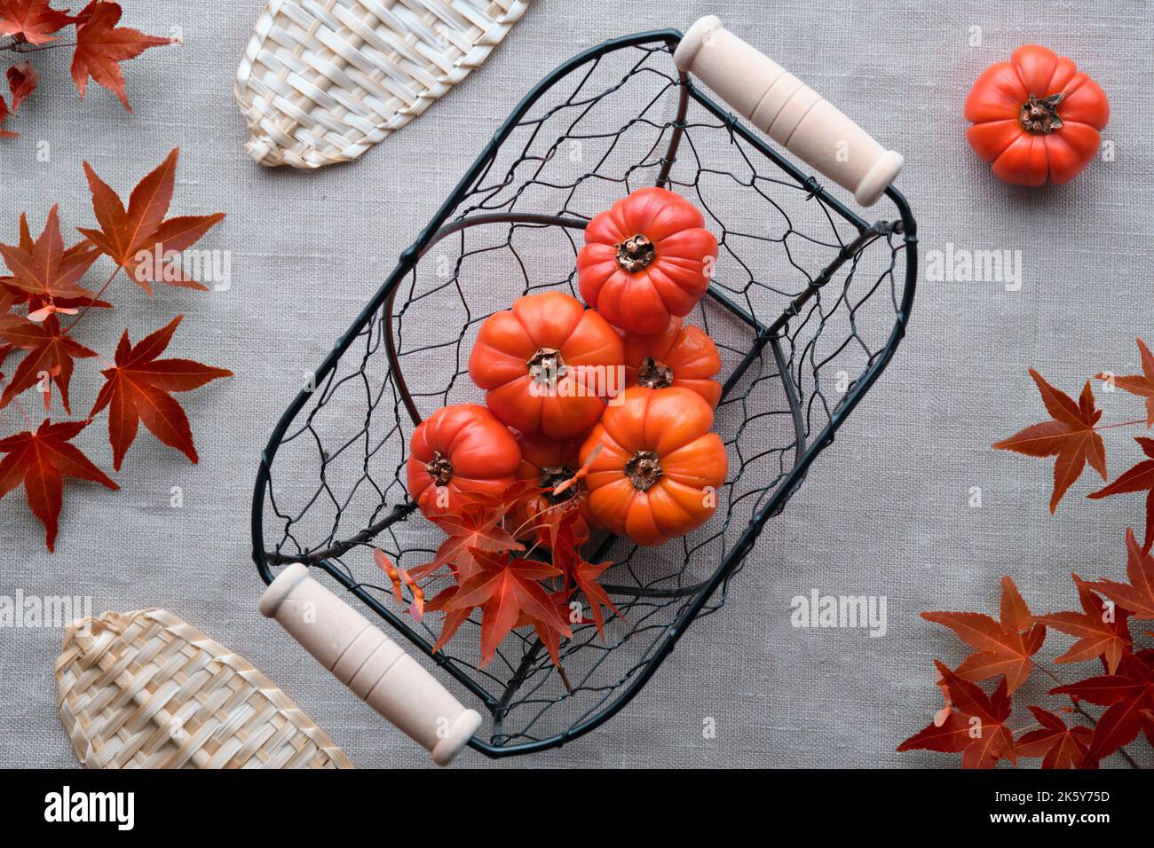 Herbst dekorative Kürbisse in Metalldrahtkorb mit Strohblättern und roten Ahornzweigen. Stockfoto