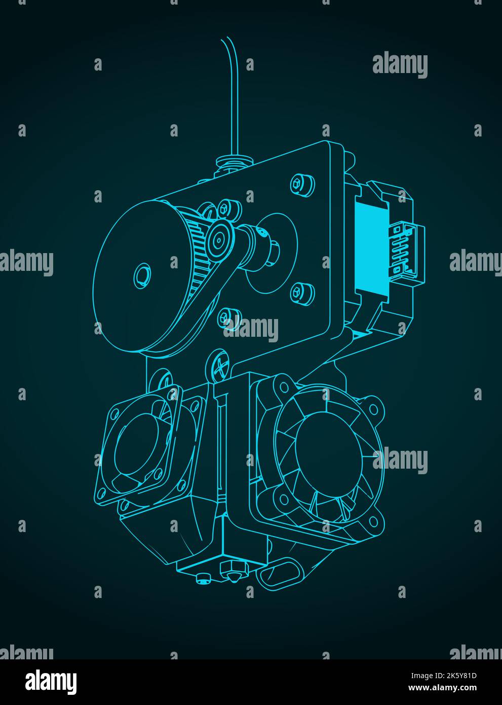 Stilisierte Vektor-Illustrationen von Blaupausen von 3D Drucker Extruder Stock Vektor