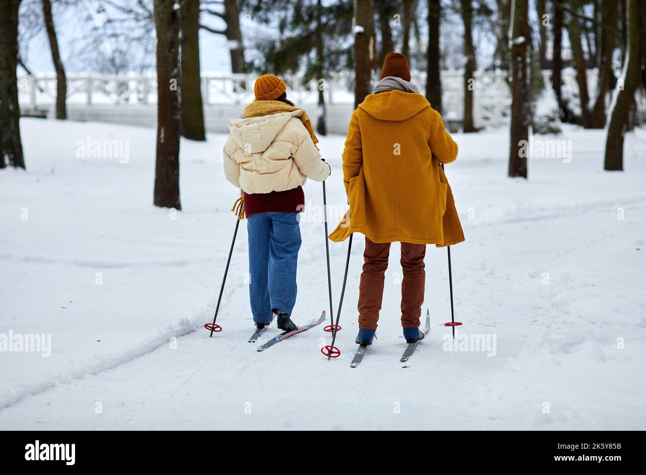 Rückansicht eines jungen Paares, das im Winterwald Ski fährt, während er Urlaub genießt, Kopierraum Stockfoto