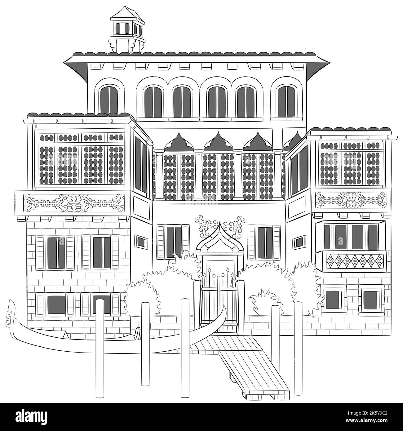 Ein traditionelles venezianisches altes Steinhaus mit einem hölzernen Pier und einer Gondel davor. Venedig. Italien. Stock Vektor