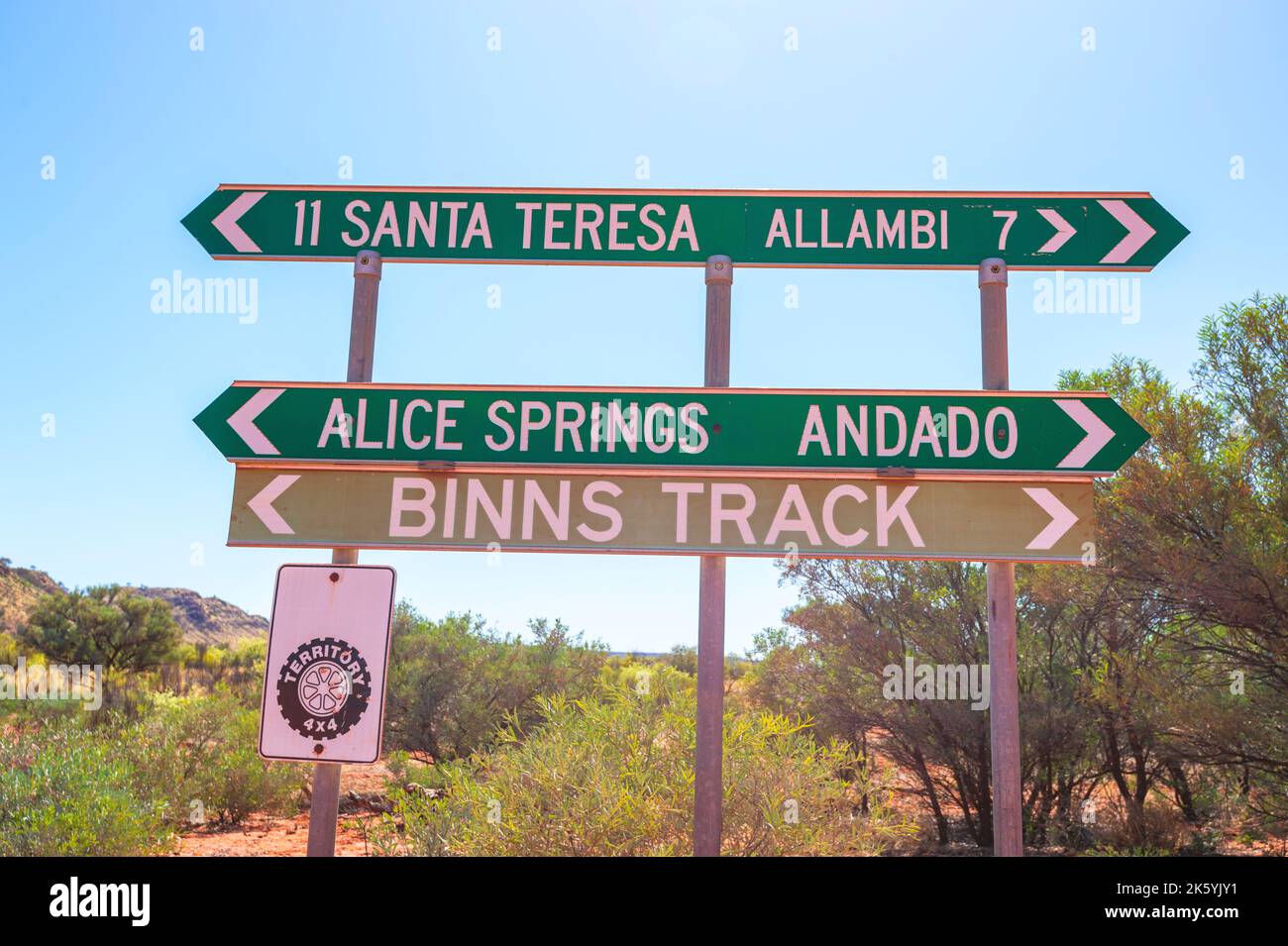 Straßenschild am Binns Track, einer abgelegenen Feldstraße am Rande der Simpson Desert im australischen Outback, Northern Territory, NT, Australien Stockfoto