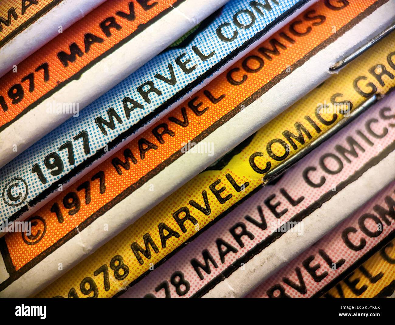 New York City, USA - Oktober 2022: Eine Nahaufnahme der Vintage-Comics von Marvel sind an Sammler von Comics aus der Bronzezeit aus dem Jahr 1970s erhältlich Stockfoto