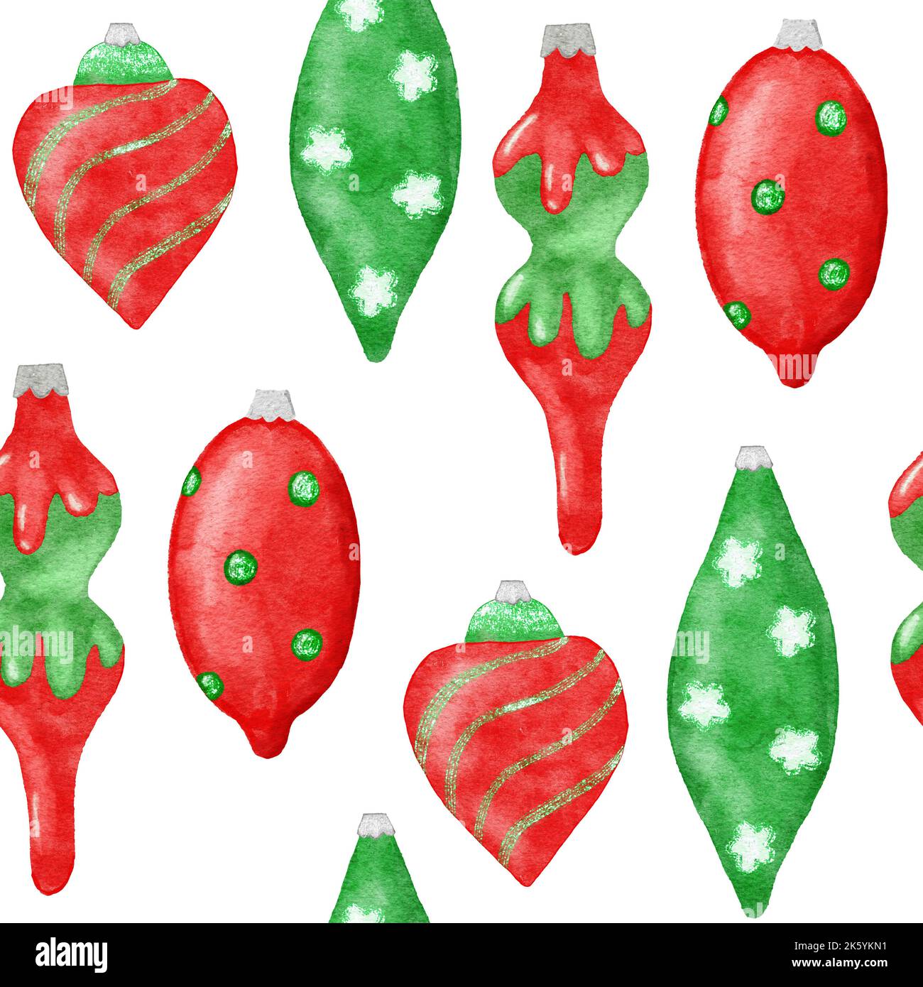Aquarell handgezeichnetes nahtloses Muster mit hängenden Weihnachtsornamenten. Rot-grüne weihnachtsbaumschmuck, heller weihnachtsdruck im dezember Stockfoto