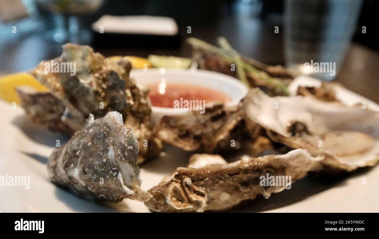 Oysters Shellfish on the Table Essen ein wenig von allem Stockfoto