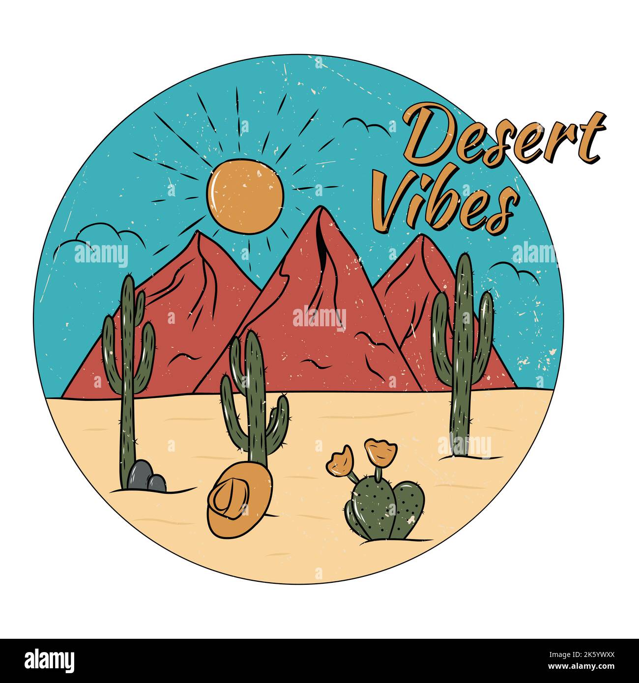 Arizona Wüste vibes mit Kaktus und Berg. Print-Design für Kleidung, Aufkleber, T-Shirt und andere. Retro-Illustration im Vintage-Stil. Stock Vektor