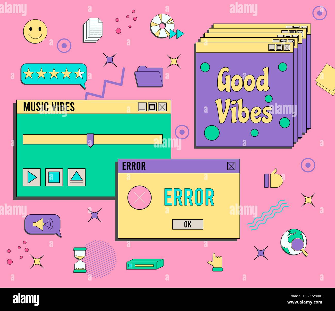 Satz von Vaporwave UI- und UX-Elementen. PC-Retro-Spielrahmen. Nostalgischer Stil 70s, 80s, 90s. Stock Vektor