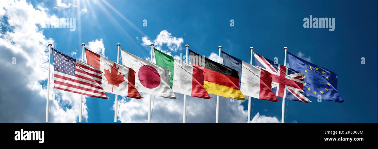 G7 Gipfel- oder Tagungskonzept. Reihe von Flaggen der Mitglieder von G7 Gruppe von sieben und Liste der Länder, Stockfoto