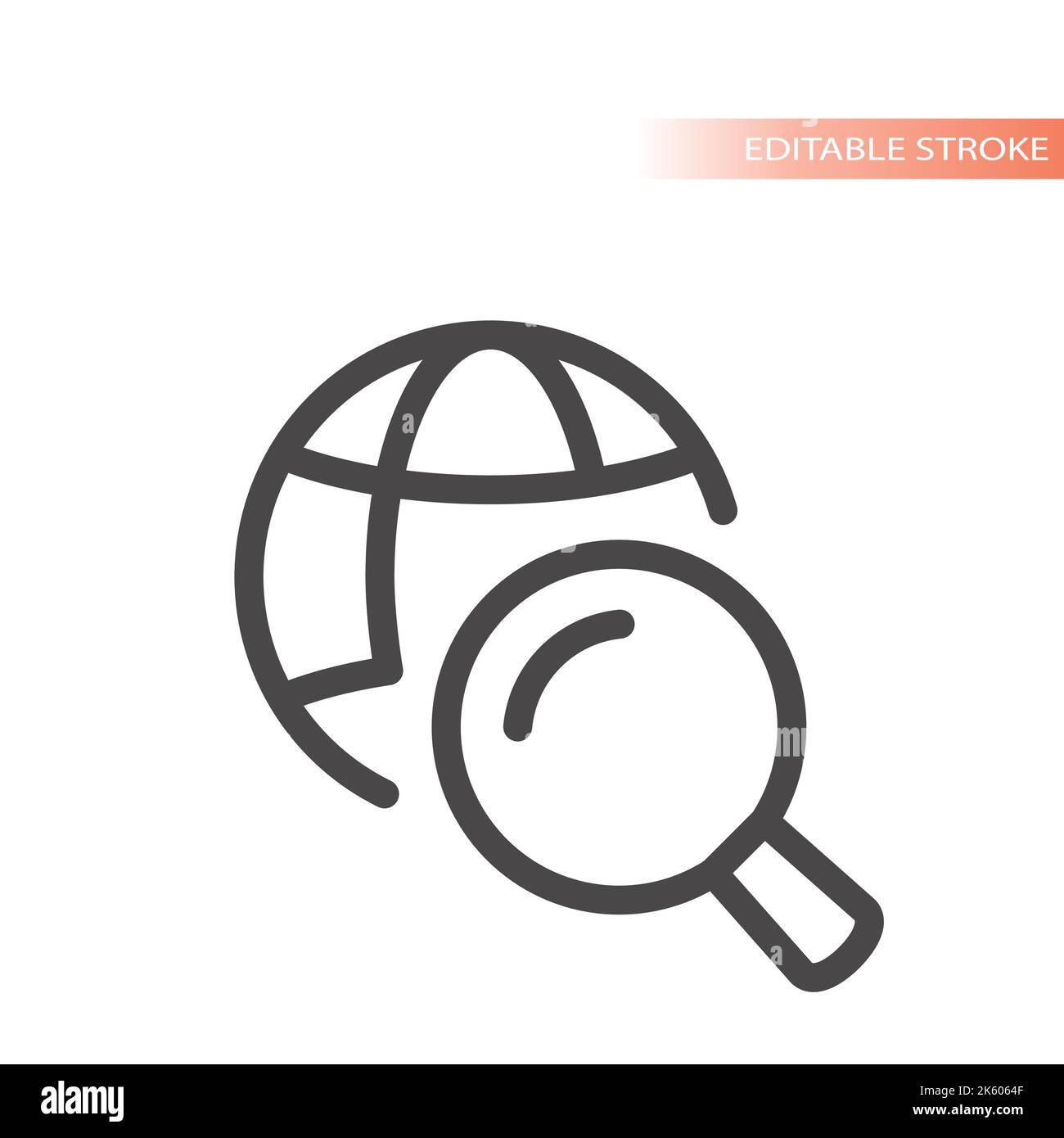 Symbol für den Linienvektor von Globus und Lupe. Websuche, Symbol mit Internetkonturriss. Stock Vektor