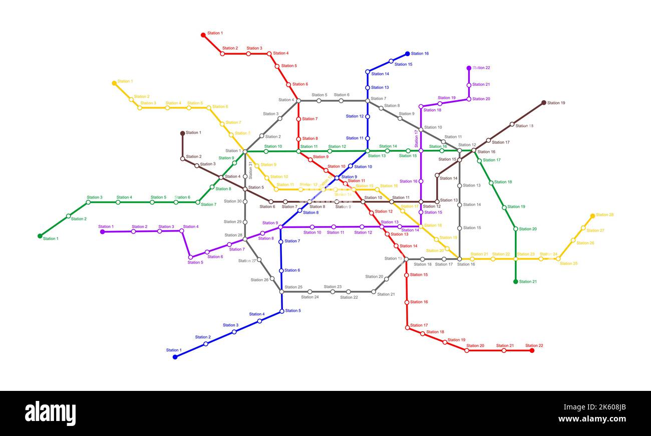 U-Bahn-Karte mit vielen farbigen Linien und Stationen. Vorlage für U-Bahn-Schema. Infografik Plan der öffentlichen U-Bahn-Schnellverkehrsnetz isoliert auf weißem Hintergrund. Vektorgrafik flach Stock Vektor