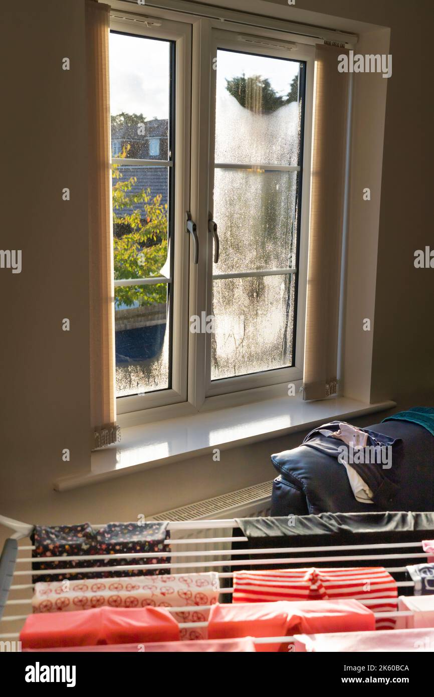 Kleidung, die auf einem Trockengestell in einer britischen Wohnung trocknet, wodurch im Herbst Kondenswasser auf der Innenseite der Fenster entsteht. Konzept: Feucht in Wohnungen, Mietprobleme Stockfoto