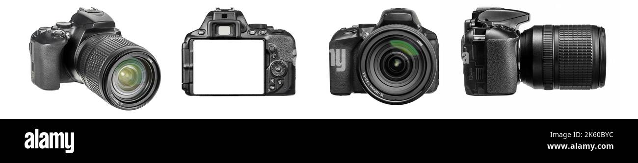 Sammlung von DSLR-Fotokameras mit Zoomobjektiv in verschiedenen Winkeln isoliert auf weißem Hintergrund. Stockfoto