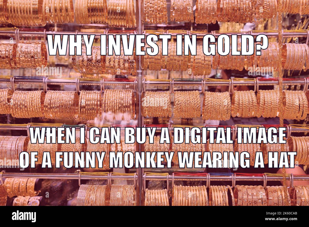 Investition in NFT Funny Meme für Social-Media-Sharing. Humor über NFT Blockchain Krypto-Investitionen. Stockfoto