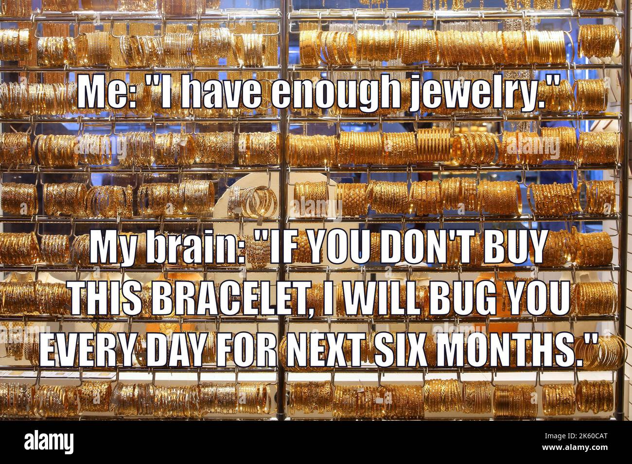 Schmuck einkaufen lustige Meme für Social Media teilen. Mädchen Humor über Geld ausgeben, Impuls-Kauf und spontane Schmuck-Shopping. Stockfoto