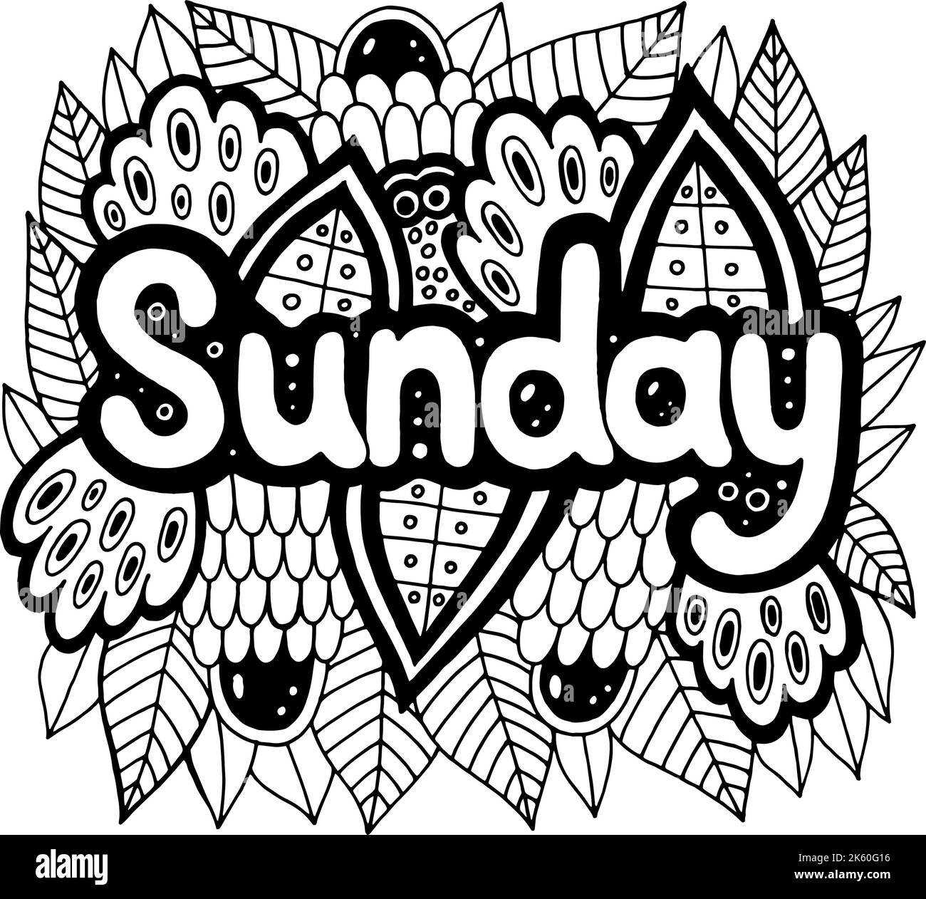 Sonntag - Wochentag. Motivierendes Zitat. Malseite für Erwachsene. Grußkartendesign. Doodle-Schriftzug. Kunst Therapie Mandala Illustration Stock Vektor
