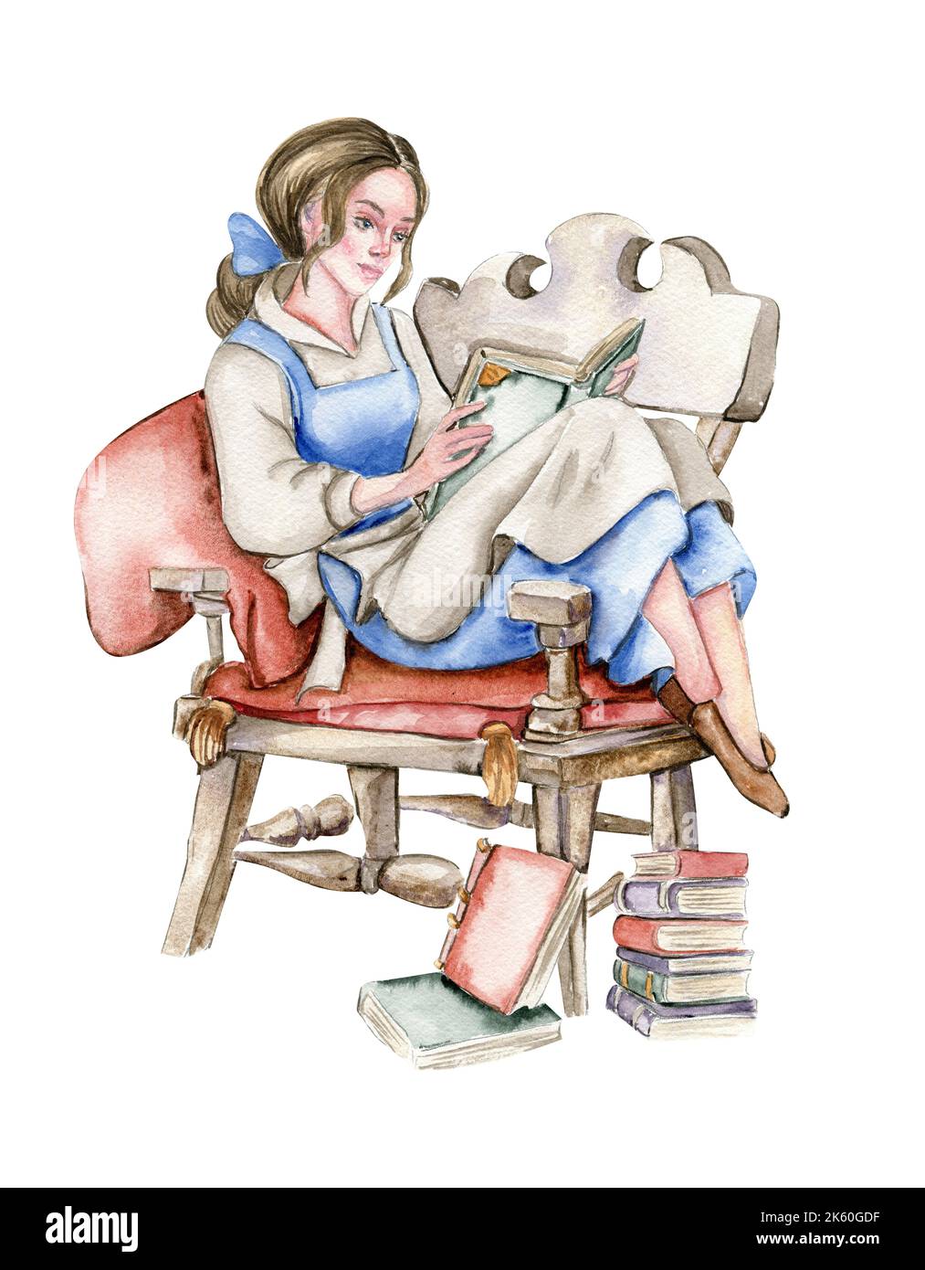 Handgezeichnetes Mädchen im Vintage-Kleid und Monster im blauen Anzug Stockfoto