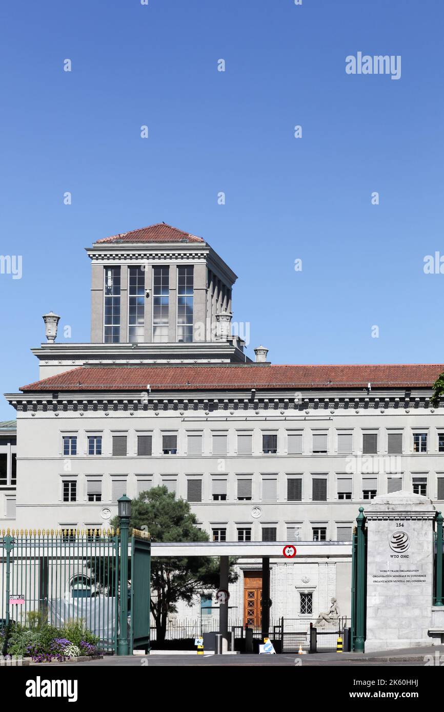 Genf, Schweiz - 14. August 2016: Gebäude der Welthandelsorganisation. Die Welthandelsorganisation ist eine zwischenstaatliche Organisation Stockfoto Genf, Schweiz - 14. August 2016: Gebäude der Welthandelsorganisation. Die Welthandelsorganisation ist eine zwischenstaatliche Organisation Stockfoto