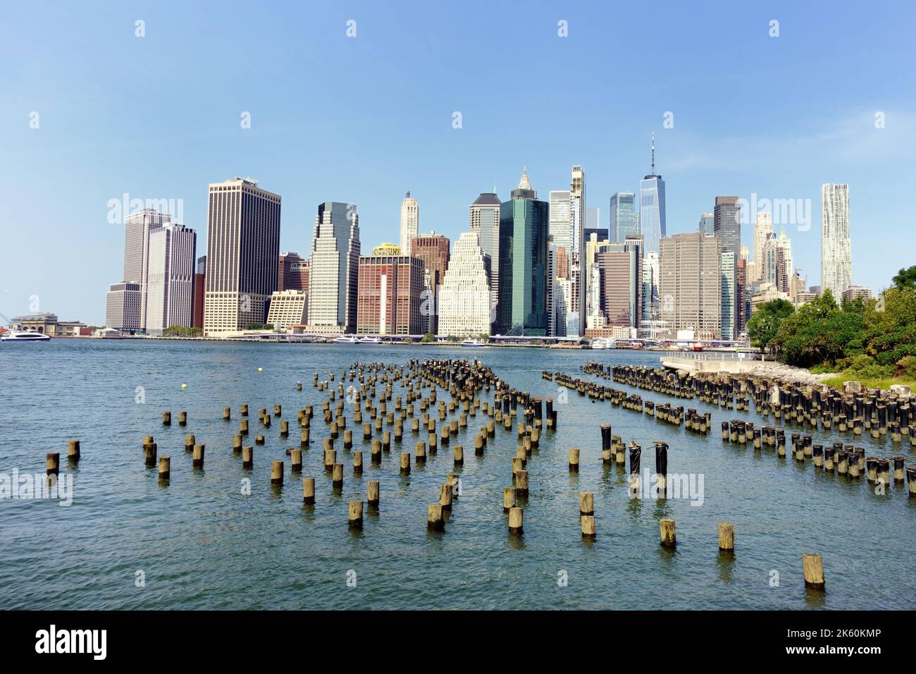 Blick über den East River nach Lower Manhattan vom Brooklyn Bridge Park Stockfoto
