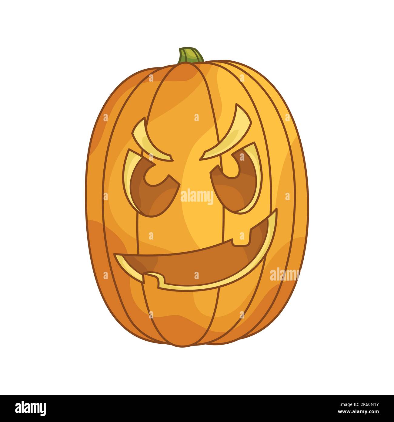 Wütend Jack-o-Laterne Kürbiskopf. Ein traditioneller Charakter für Halloween. Einfaches Designelement für Grußkarten, Poster, Aufkleber, Banner und Urlaubsdekor. Niedliche Cartoon flache Illustration. Stock Vektor