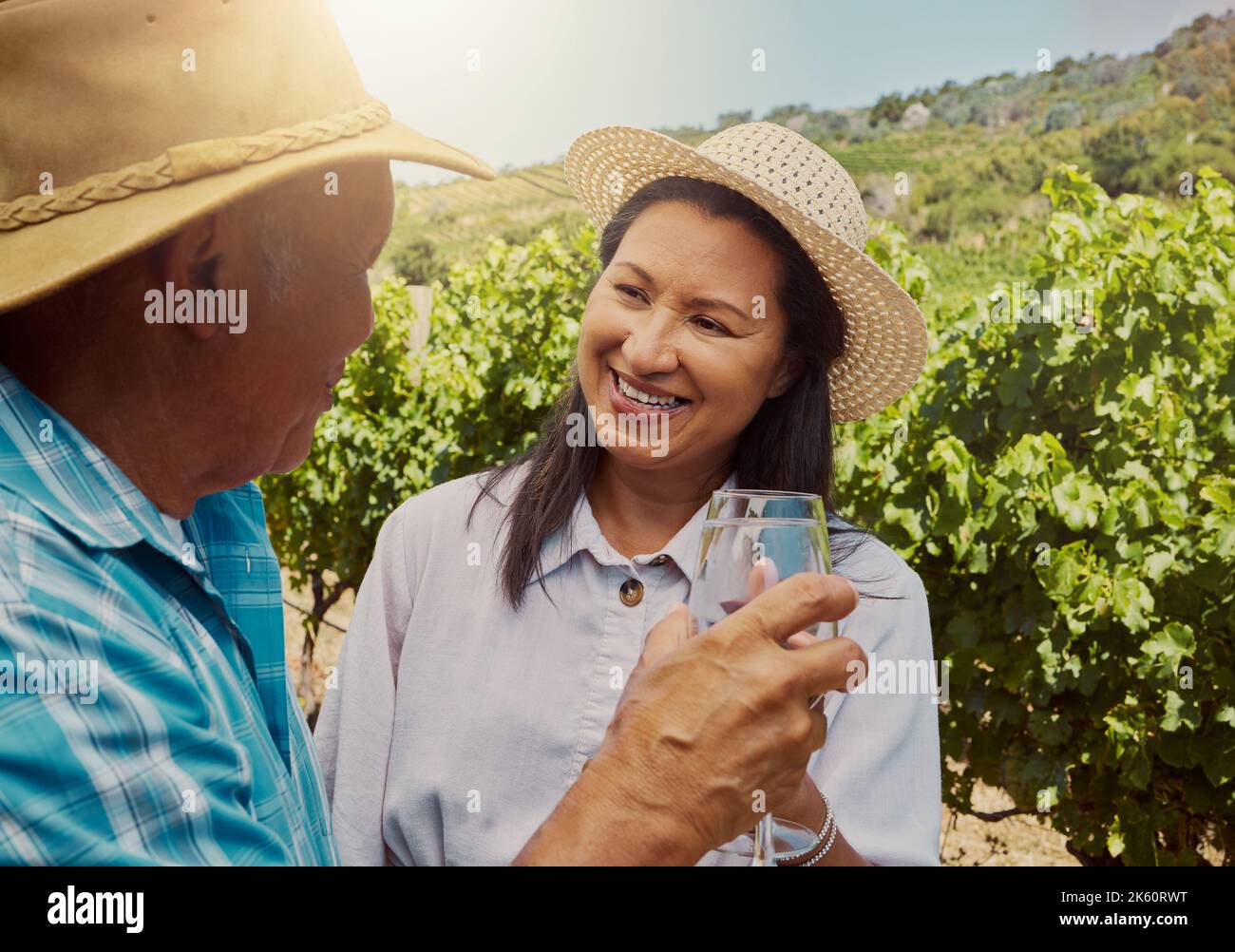 Lächelndes gemischtes Rennpaar, das mit Weinläsern auf dem Weinberg toaste. Glücklicher hispanischer Ehemann und Ehefrau stehen zusammen und verbinden sich während der Weinprobe Stockfoto