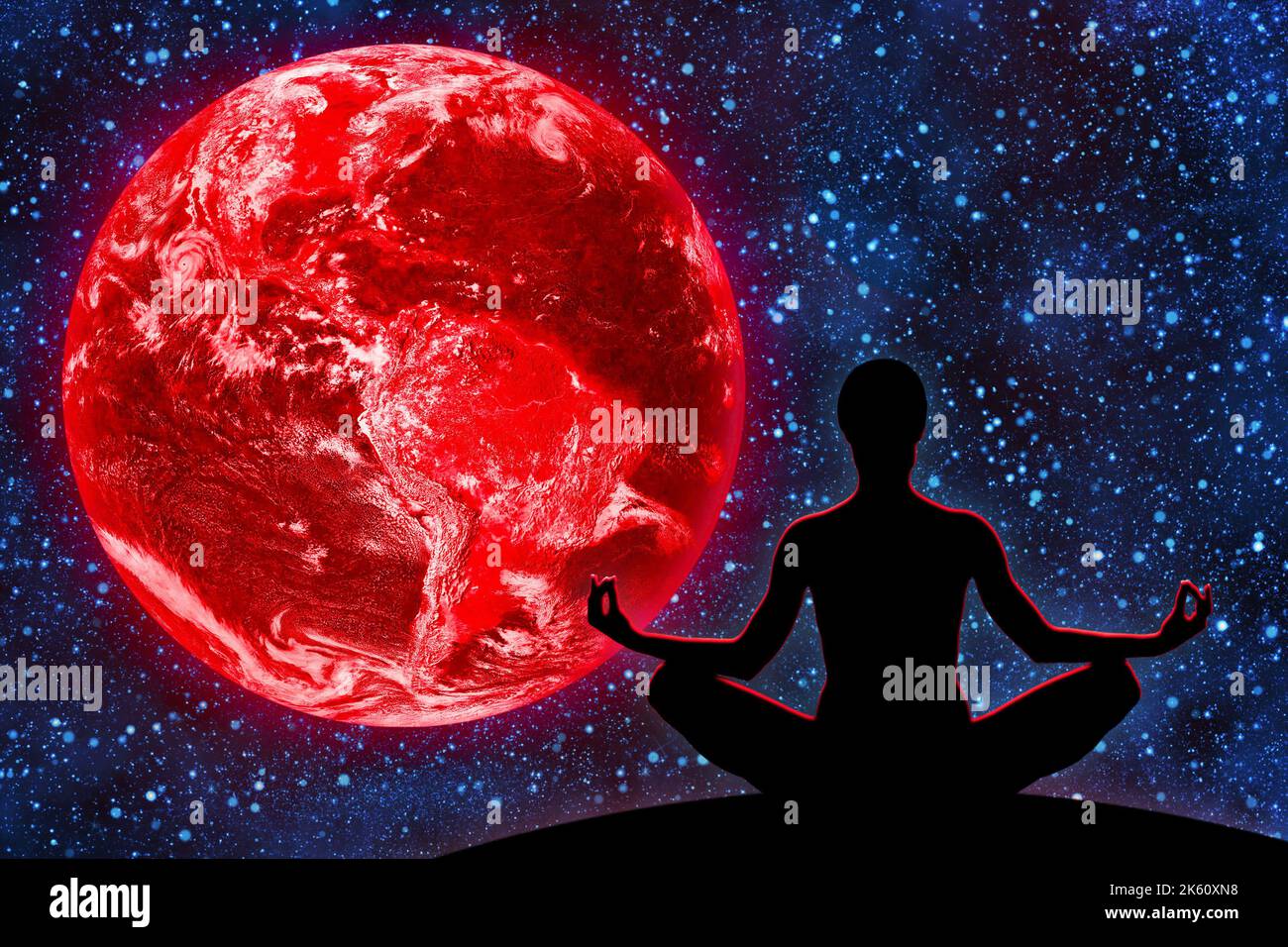Weibliche Yoga-Figur vor dem Hintergrund des Universums und Red Planet Earth, apokalyptisch, Ende der Welt, Zerstörung des Planeten Erde Konzept. Stockfoto