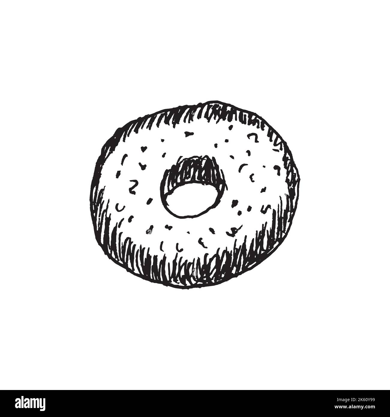 Fastfood-Donut. Skizze von köstlichen beliebten Speisen. Handgezeichnete Umrisse süße Kuchen für Typografie, Drucke, Malbuch, Textil. Stock Vektor