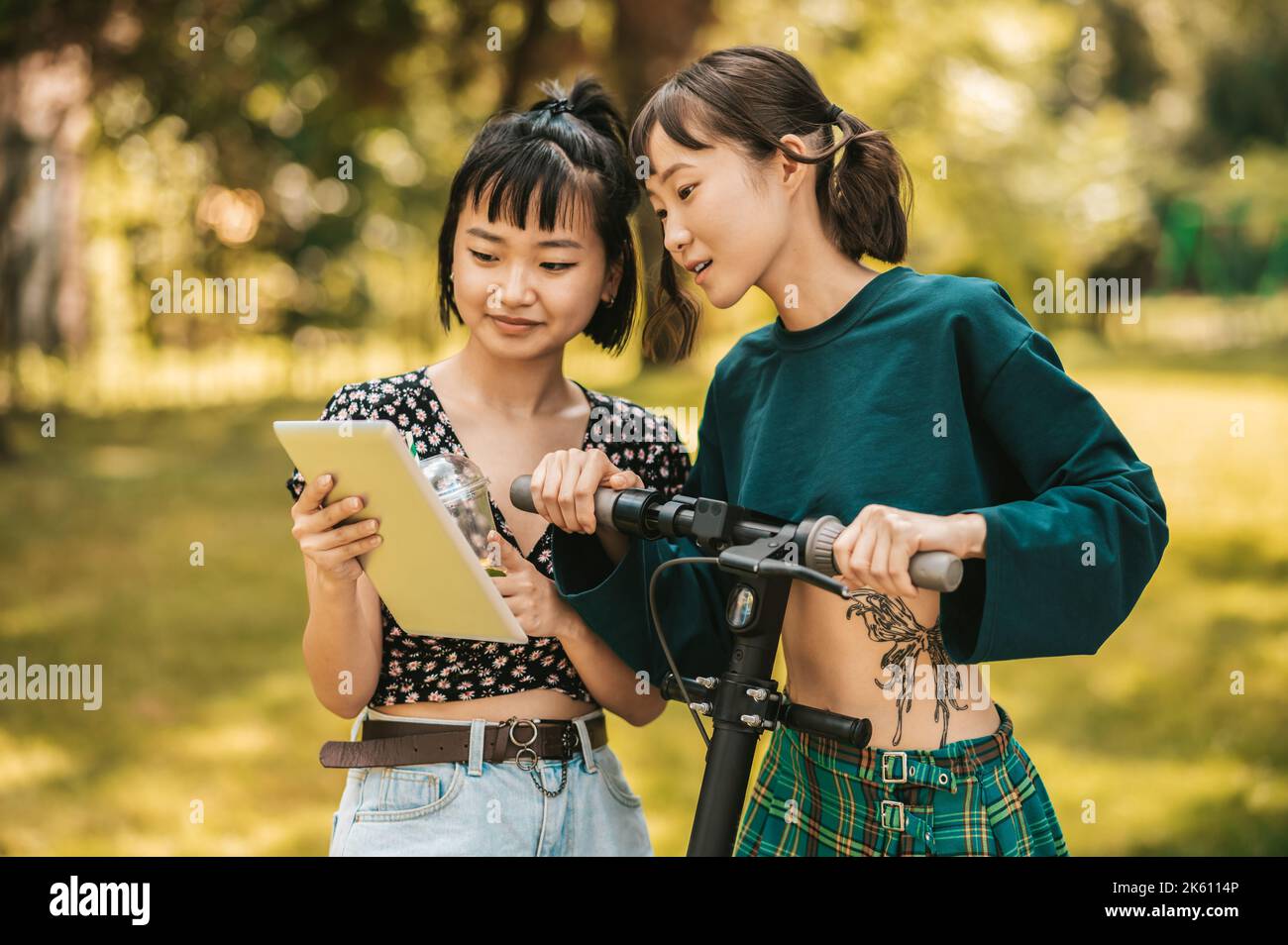 Mädchen im Park beobachten etwas online und suchen interessiert Stockfoto