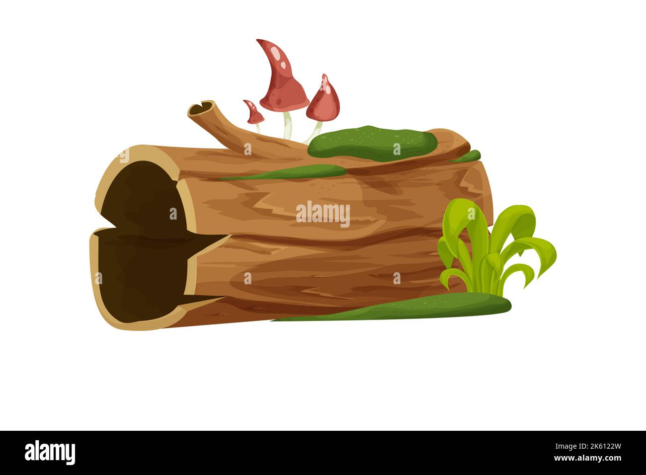 Altes Holz, Baumstamm, Stamm mit Moos und Gras leer im Cartoon-Stil isoliert auf weißem Hintergrund. Wald Clip Art, alte und gebrochene Stück, Teil. . Vektorgrafik Stock Vektor