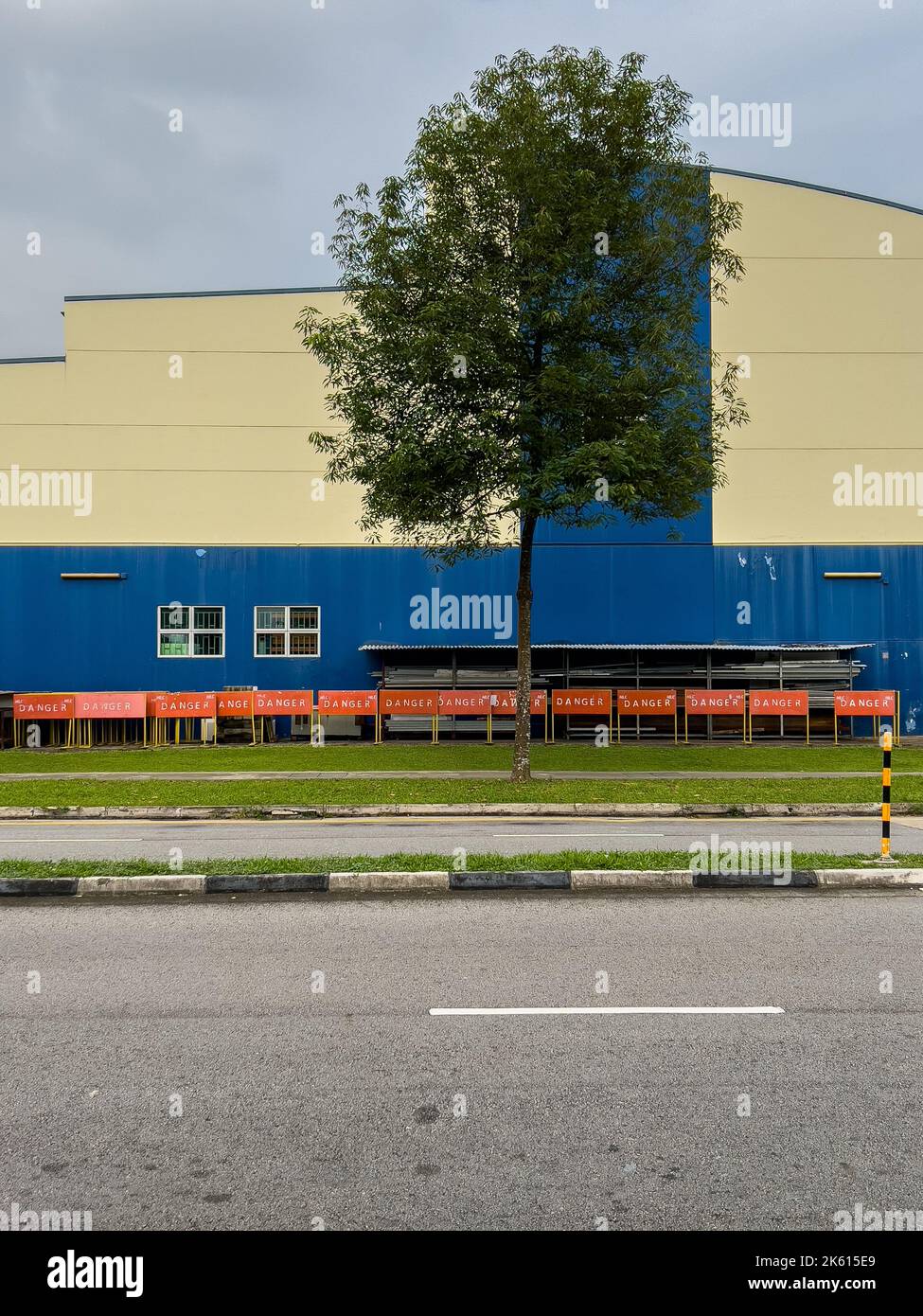 Eine minimalistische Szene eines einsamen Baumes gegen ein Industriebau. Singapur. Stockfoto