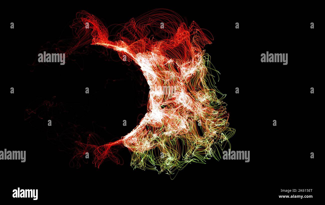 3D Rendering kosmische Energie Strings. Energie fließt in Form von dünnen hellen Elementen. Linien bilden Strukturfasern Stockfoto