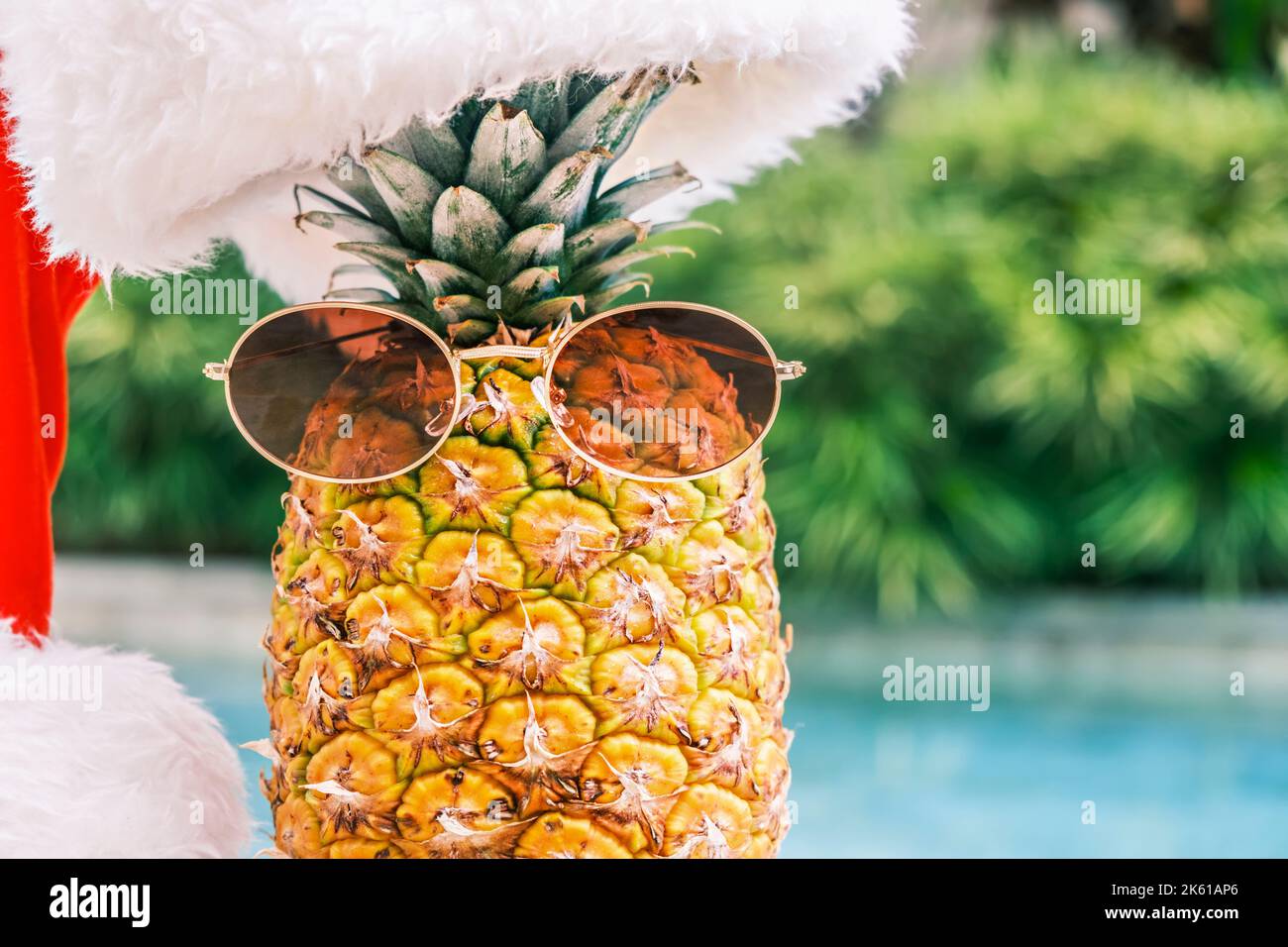 Lustige Ananas mit Sonnenbrille und Weihnachtsmann Hut gegen Pool und tropische Pflanzen bei sonnigem Wetter in den Tropen. Weihnachten in den Tropen. Winter Stockfoto