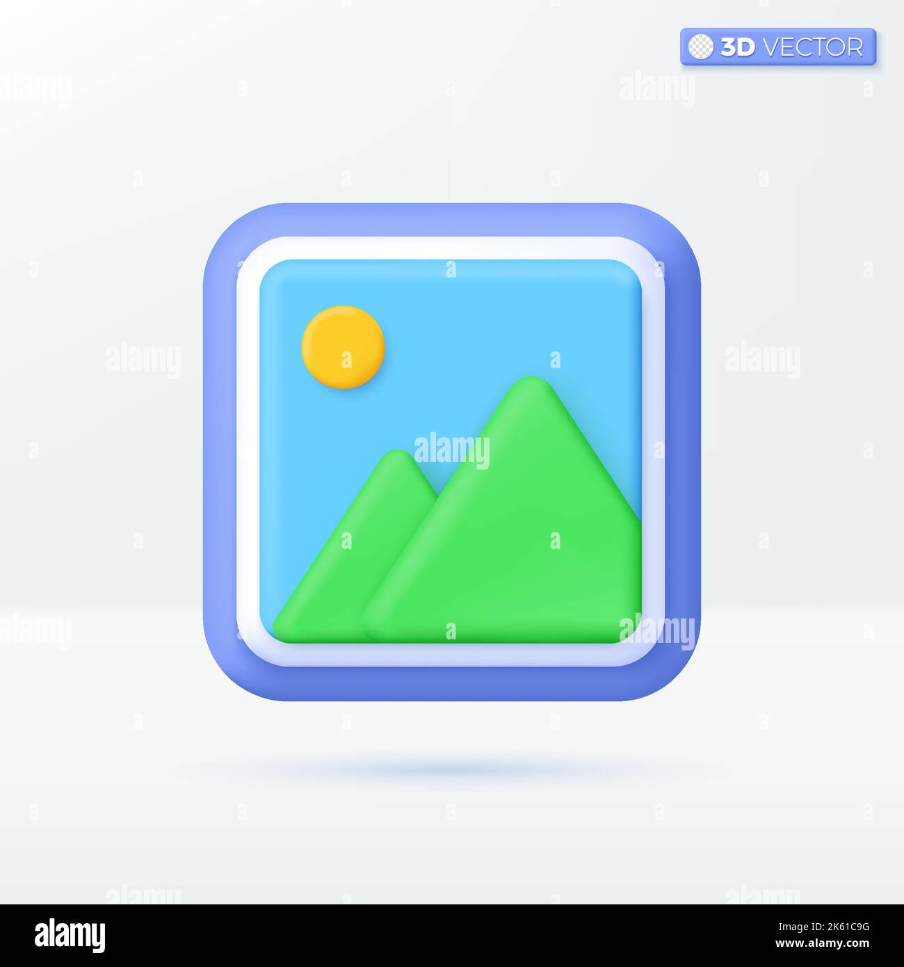 Symbole für Bilder in der Galerie. Berge mit Sonne, Himmel, Foto, jpg-Datei, Landschaftskonzept. 3D Vektor isoliertes Illustrationsdesign. Cartoon Pastell Minima Stock Vektor