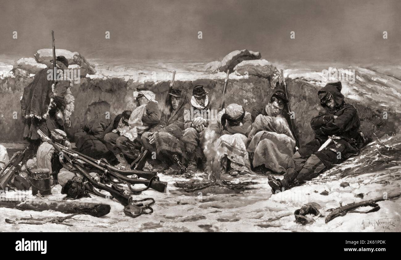Französische Soldaten, die sich während der Belagerungszeit von Paris im französisch-preußischen Krieg von 1870 in einem Graben ausruhen. Nach einem Gemälde von Alphonse de Neuville. Stockfoto