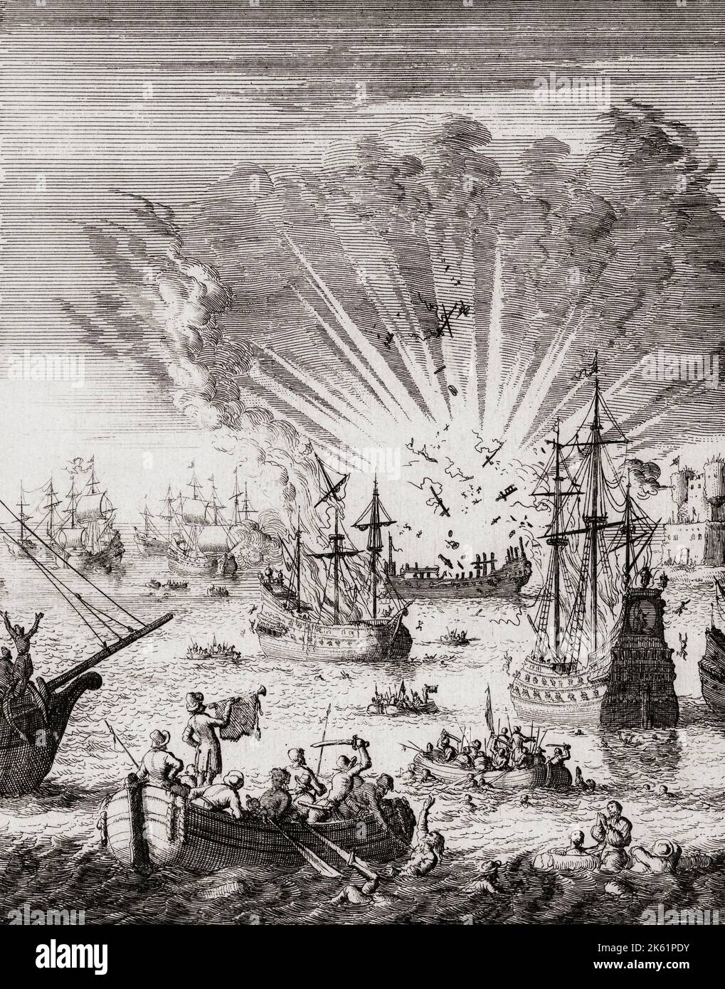 Seeschlacht zwischen der Niederländischen Republik und dem Portugiesischen Reich im Niederländisch-Portugiesischen Krieg bei Goa am 30. September 1639. Auf dem Bild ist die portugiesische Galeone São Boaventura zu sehen, die explodiert, nachdem sie Feuer fing. Nach einem Druck von Jan Luyken. Stockfoto