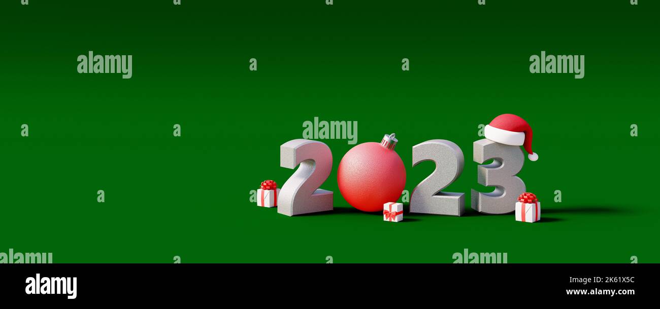 Frohe Weihnachten und ein glückliches neues Jahr 2023 Hintergrund für Grußkarten mit Kopieplatz 3D Render 3D Illustration Stockfoto