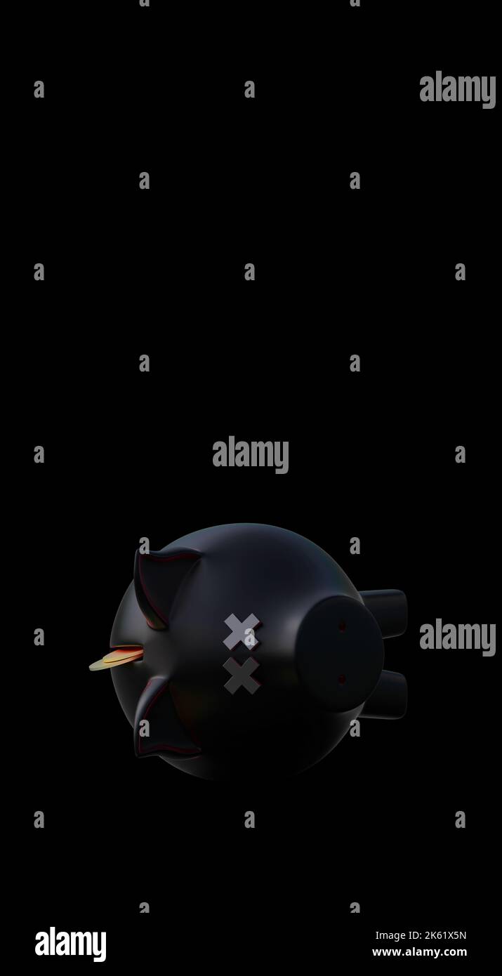 Reflektierendes Sparschwein, das durch die Finanzkrise getötet wurde, auf schwarzem Hintergrund, vertikale Komposition 3D Rendering 3D Illustration Stockfoto