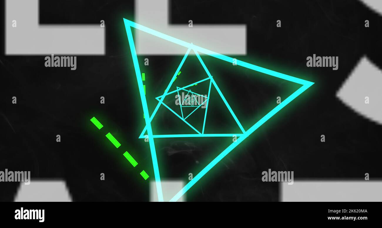 Darstellung von Dreiecken, Linien und weißen abstrakten Mustern vor schwarzem Hintergrund Stockfoto