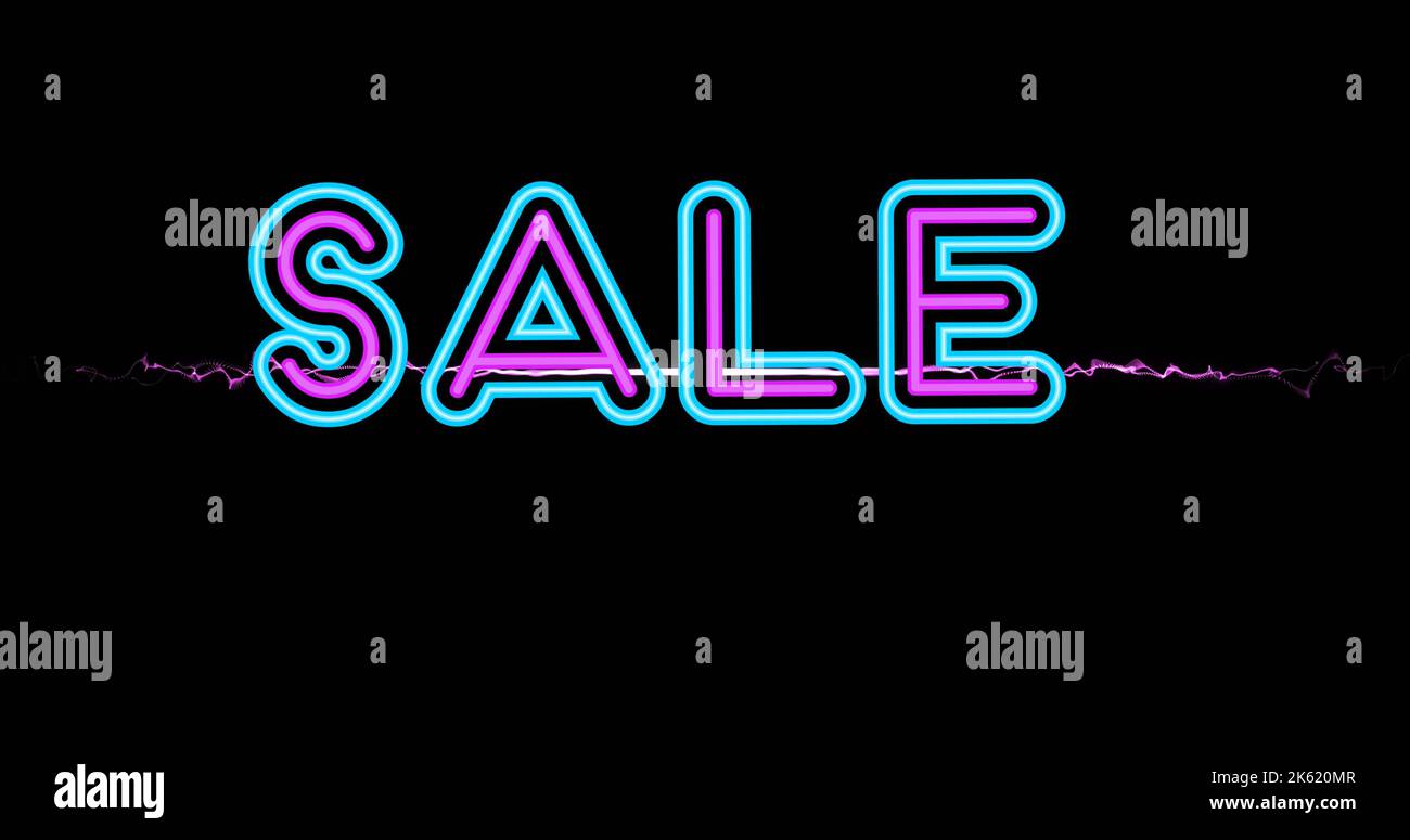 Abbildung: Mehrfarbiger Verkaufstext mit Schallwelle vor schwarzem Hintergrund, Kopierbereich Stockfoto