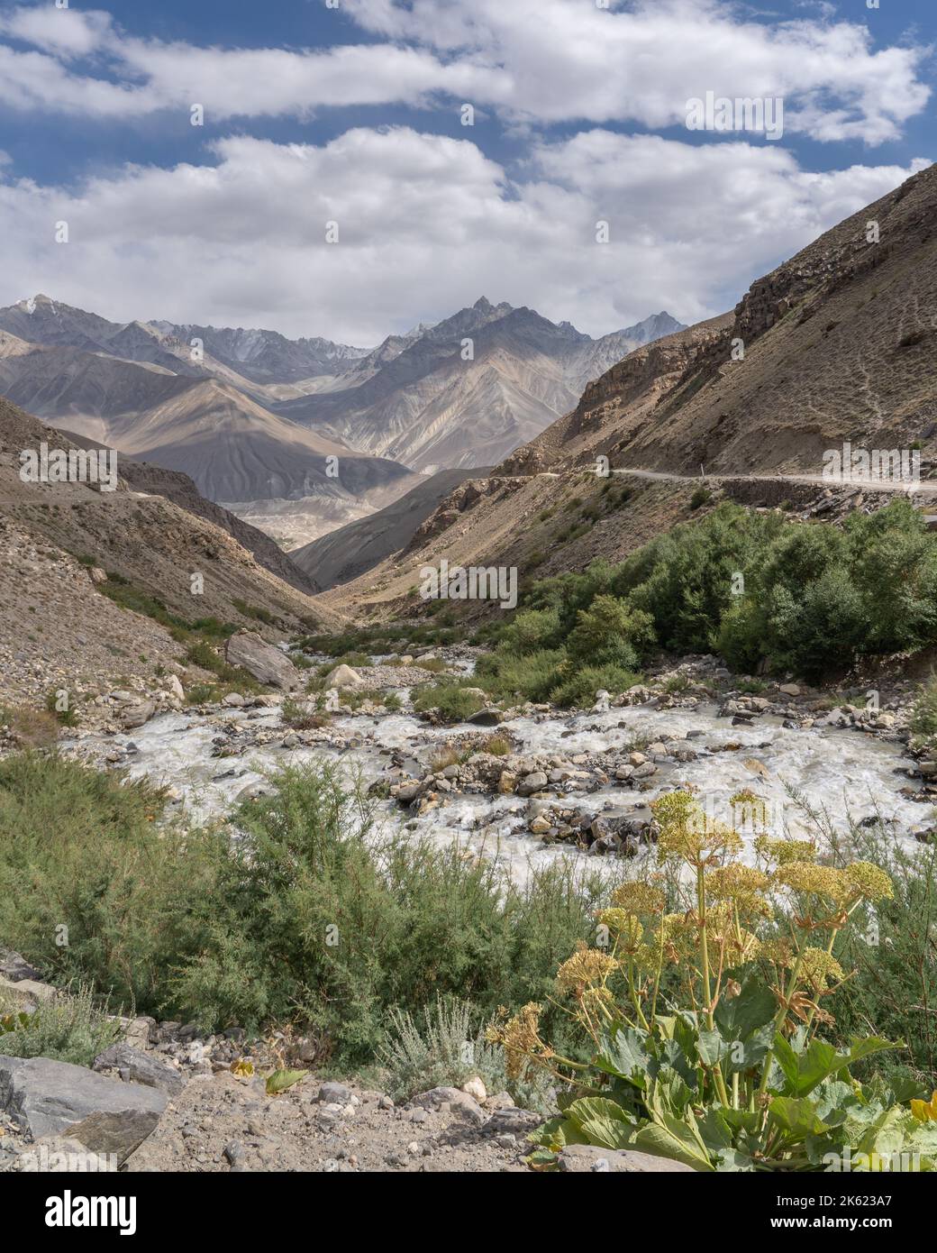 Blick auf die Wachan-Bergkette und den Wildbach in der Höhenwüste zwischen Langar und Khargusch, Gorno-Badakshan, Tajikistan Pamir Stockfoto