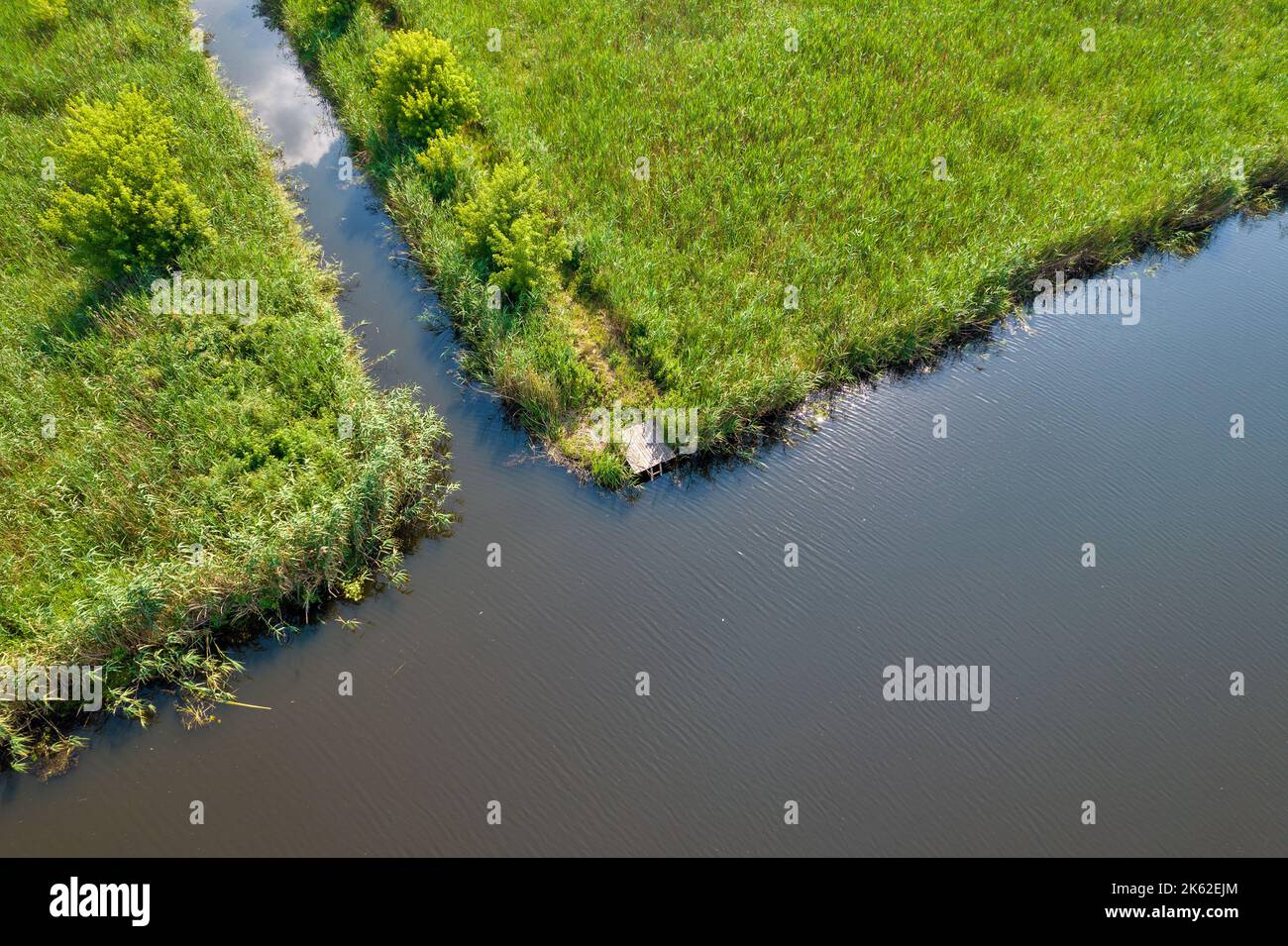 Drohne Luftaufnahme über Holzpflaster zum Angeln und Schwimmen auf Sommerfluss Ros, Ukraine. Stockfoto