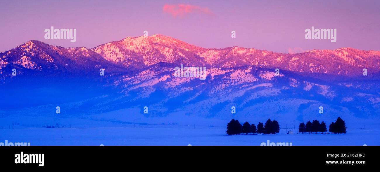 Sonnenaufgang Licht auf den Bergen im verschneiten Wintertal mit Bäumen Stockfoto
