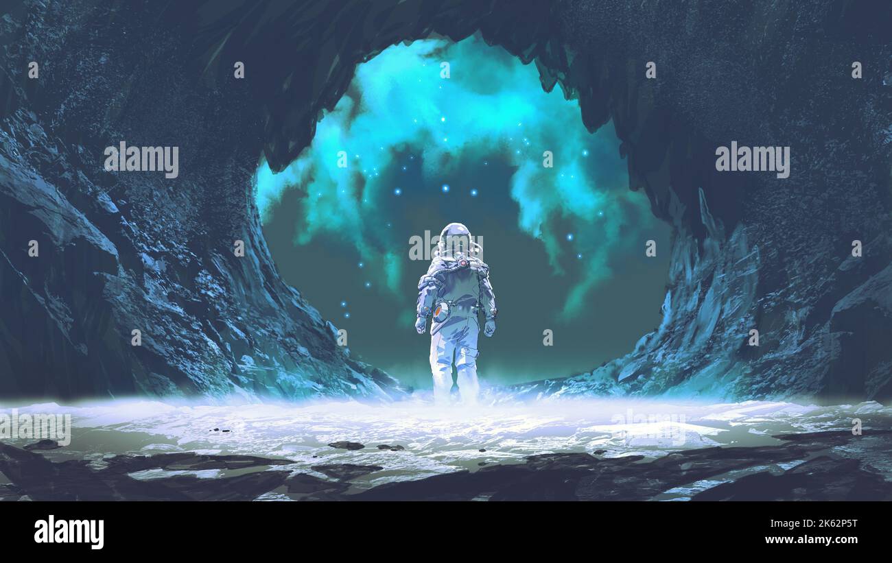 spaceman steht am Eingang der Höhle, digitale Kunst Stil, Illustration Malerei Stockfoto