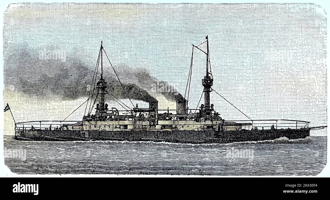 SMS Kaiserin und Königin Maria Theresia, Kaiserin und Königin Maria Theresia, ein gepanzerter Kreuzerkreuzer der Kaiserlich Österreichisch-Ungarischen Marine, Österreich/Rammkreuzer, SMS Kaiserin und Königin Maria Theresia war ein Panzerkreuzer der k. U. k Kriegsmarine, Österreich, historisch, digital verbesserte Wiedergabe eines Originals aus dem 19. Jahrhundert / Digitale Produktion einer Originalanlage aus dem 19. Jahrhuntert, Stockfoto