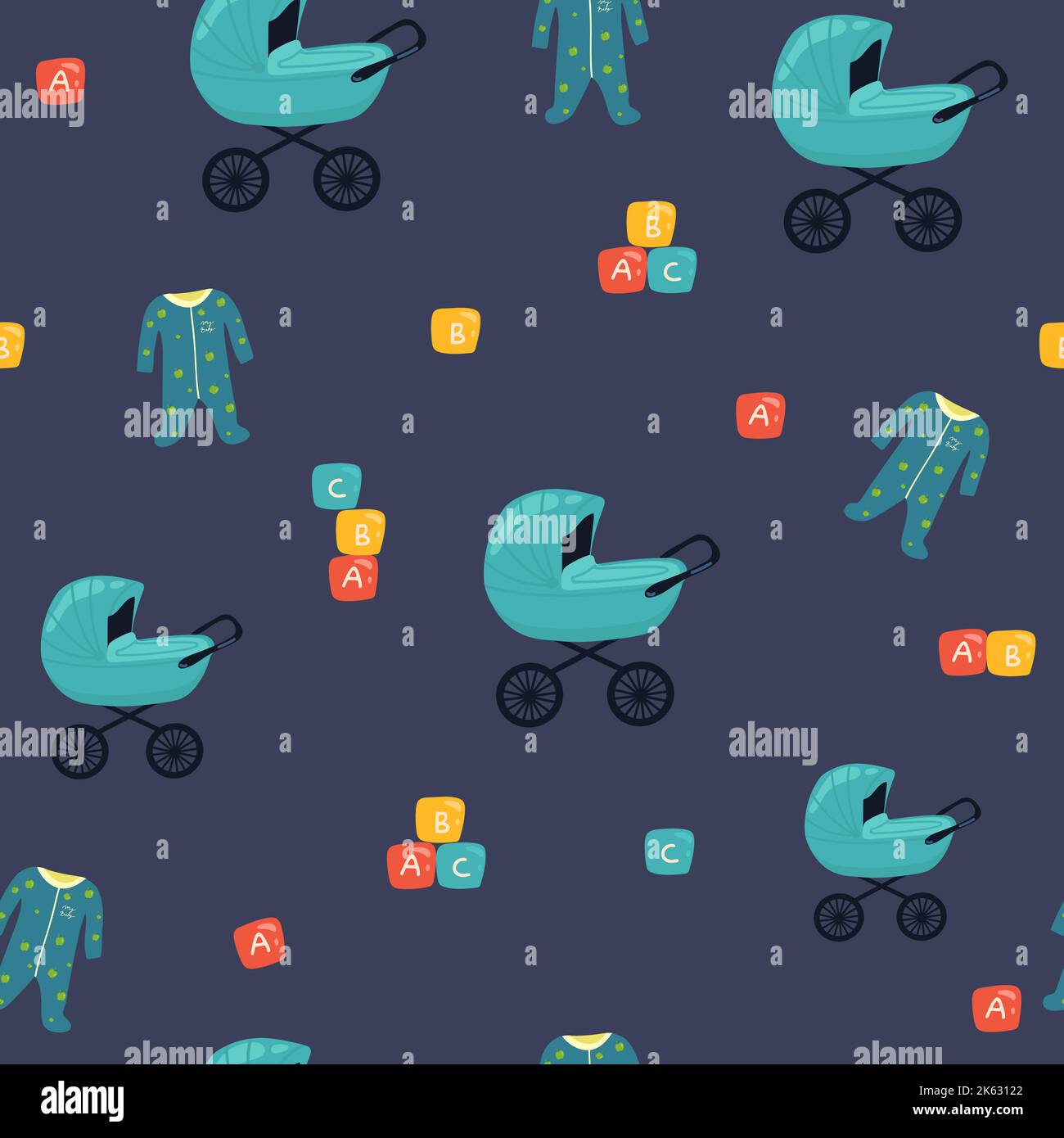 Sammlung von Baby-Spielzeug-Symbole, Hand gezeichnet nahtlose Muster. Blauer Hintergrund mit Kinderartikeln. Jungen Spielzeug Icon Set Vektor. Dekorative Illustration, goo Stock Vektor